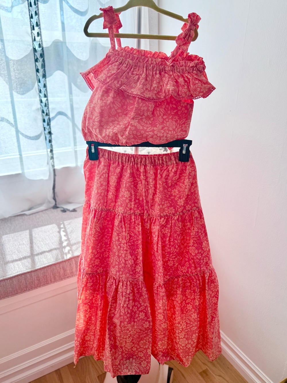 Haute Hippie - Kids Coral Pink Floral Tiered Girls Dress Set - Size M 7/8